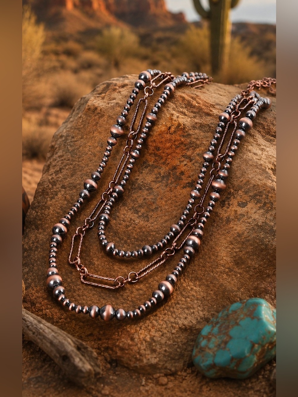 Southwest Copper Tone FAUX Navajo Pearl Multi Strand Beaded Costume Necklace